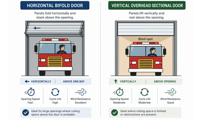 This illustration visualizes how horizontal bifold doors maintain driver visibility during emergency exits, reducing collision risk compared to traditional overhead sectional doors.
