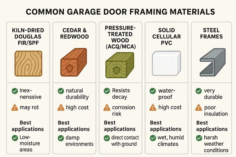 This image clarifies garage door frame sizing math by visually mapping how a standard 2x6 lumber thickness influences the required rough opening to ensure a perfect fit.