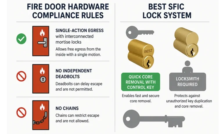 This infographic anchors key fire door hardware compliance concepts alongside the specialized BEST SFIC master key lock system, highlighting practical security and code adherence for emergency service doors.