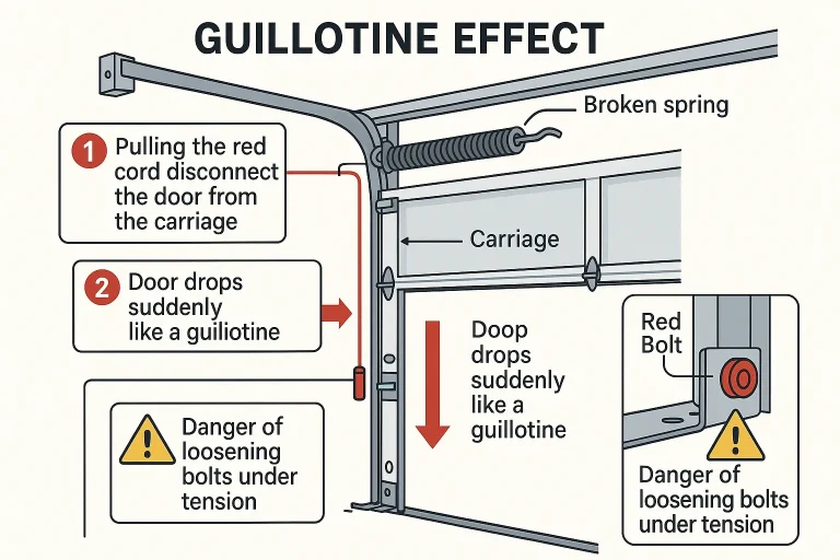 This infographic anchors memory by linking garage door parts with their common mechanical failure symptoms and risk levels, helping users recognize problems faster and recall critical safety notes.