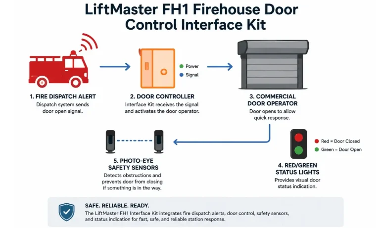 This process diagram explains how fire station doors automatically respond to emergency dispatch signals, ensuring rapid apparatus exit with enhanced safety through integrated sensors and signal lights.