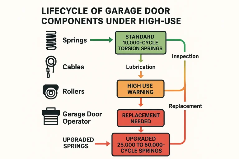 This process flowchart breaks down how frequent use accelerates wear on garage door parts and why upgrading to high-cycle springs extends durability in converted spaces.
