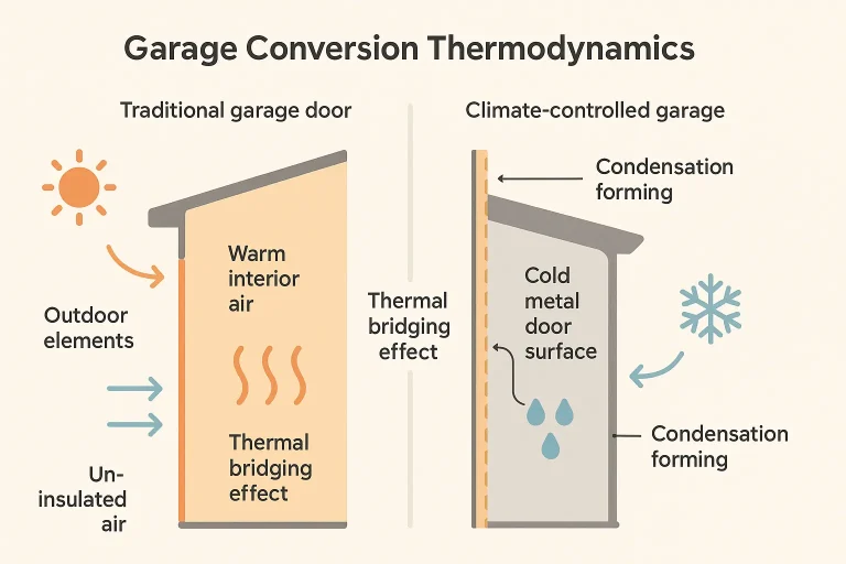 This visual clarifies how converting a garage into a living space changes the door from a simple barrier to a thermal challenge, illustrating the inside-out condensation phenomenon that leads to rust.