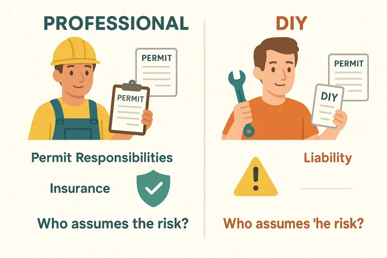 This visual clarifies the critical differences in permit handling and liability between hiring a professional garage door installer and doing a DIY installation, helping homeowners understand who is responsible for legal compliance and risk.