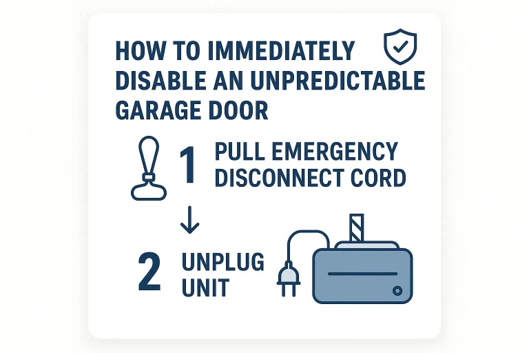 Two images side-by-side showing a person unplugging a garage door opener and pulling the emergency release cord.