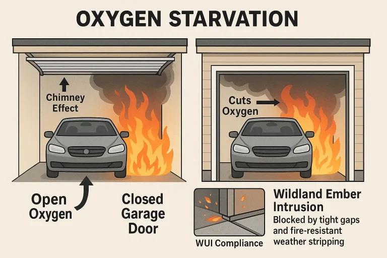 Understanding how a sturdy closed overhead garage door starves a garage fire of oxygen, halting fire spread and ember intrusion.