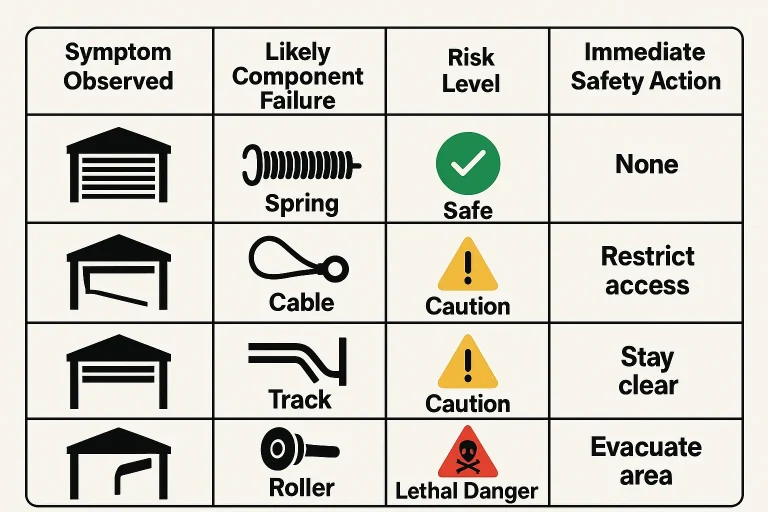 Understanding the 'Guillotine Trap' and the 'Red Bolt Rule' visualizes why pulling the emergency release cord when springs or cables fail can cause the 150-400 lb door to drop dangerously, and why loosening red bolts is highly hazardous.