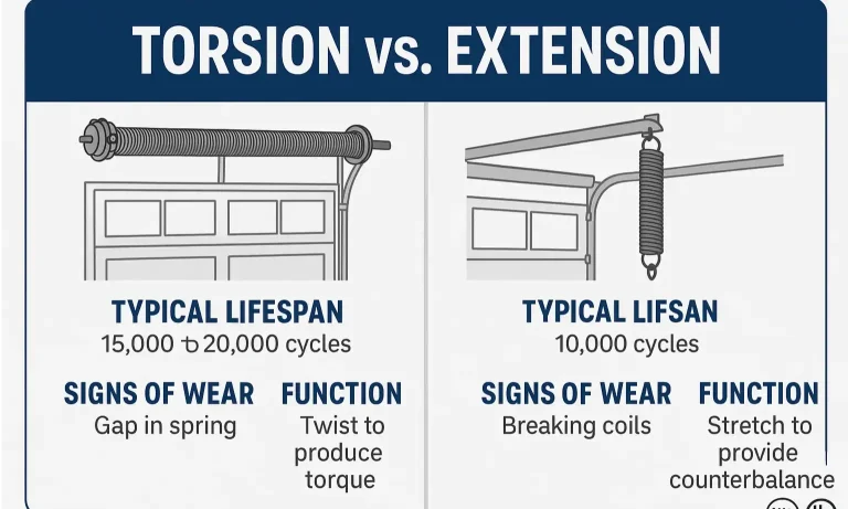 Visual comparison of torsion vs. extension springs highlights key differences and maintenance needs.
