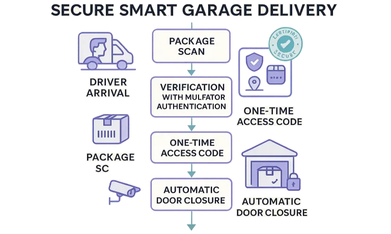 Visual explains how smart garage doors grant secure temporary access for deliveries.