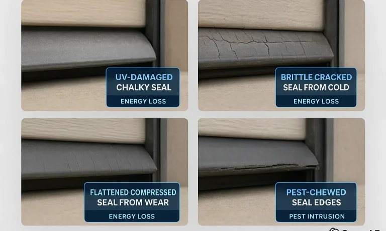 Visual gallery of common garage door seal failures to build expertise trust and help homeowners confidently diagnose seal wear patterns.
