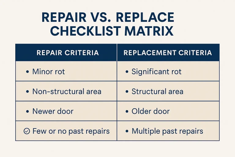 Visual Rot Diagnostic Chart: Identify the severity of water damage and rot on wooden garage door panels to make informed repair or replacement decisions.