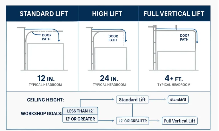 Visualize the key differences between garage door track systems to find the best fit for maximizing your workshop space and safely accommodating car lifts.