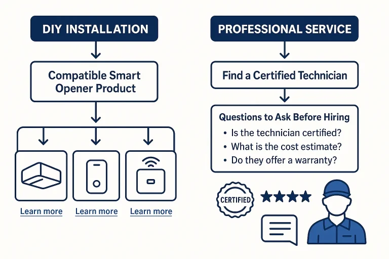 Visualize your next steps: choose the DIY path with recommended smart openers or find a certified professional with confidence using our guided process, ensuring a safe and successful upgrade experience.