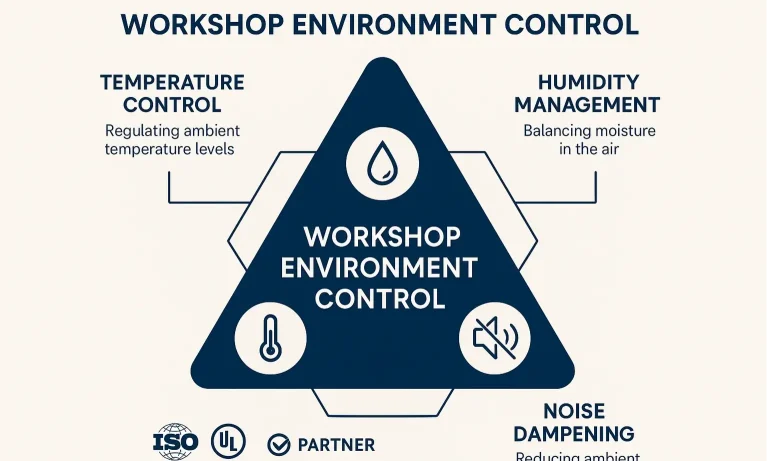 Workshop comfort: temperature, humidity, and noise control pillars